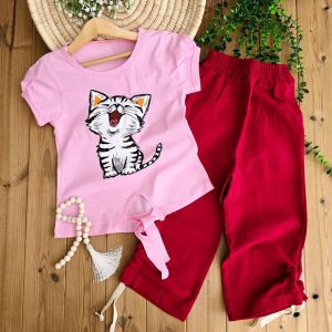 تیشرت شلوار گربه صورتی